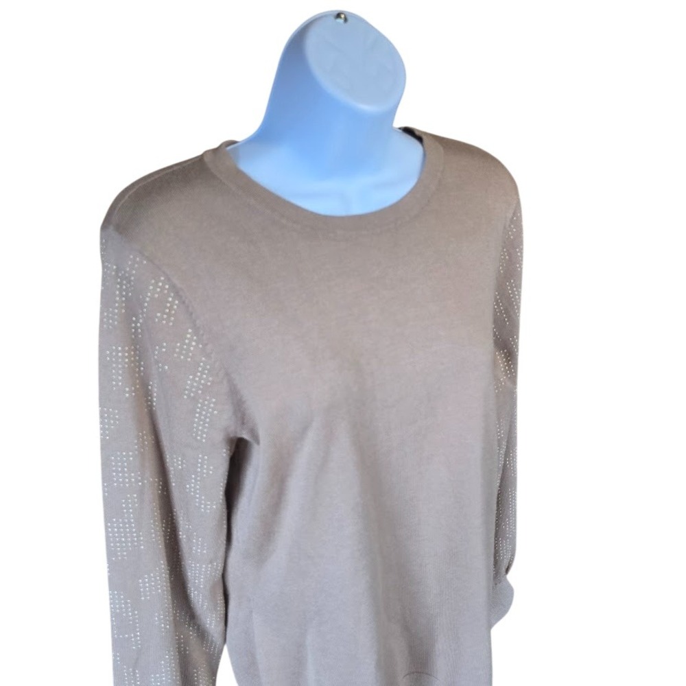 Rhinestone Studded Sleeve Sweater Women M Taupe Mushroom Minimalist Quiet Luxury